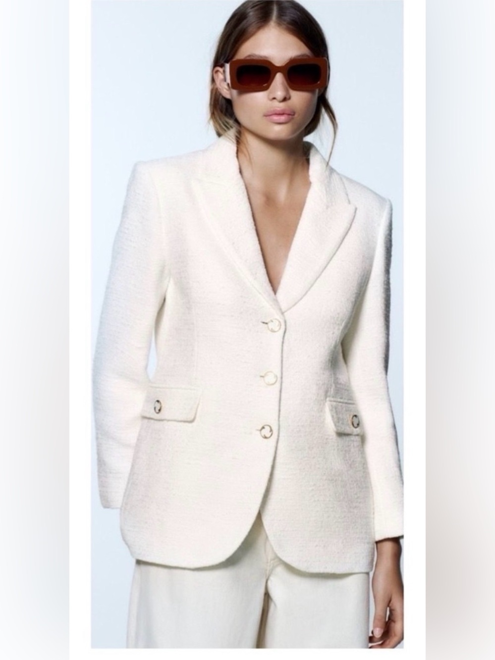 Zara Ivory Bouclé Blazer with Gold Buttons